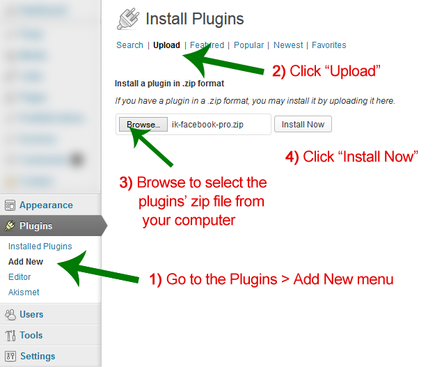 The Upload Tab of the Add New Plugins Screen In WordPress, Annotated With Instructions For Uploading A Plugin (as a zip file)