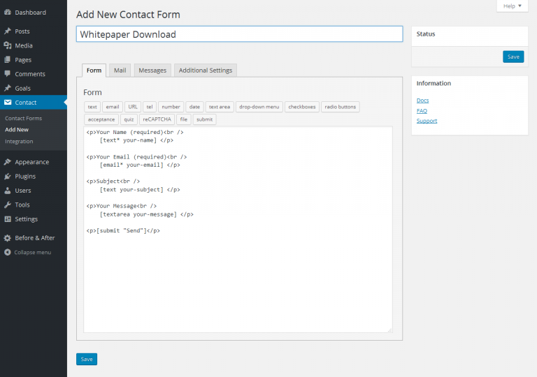 Adding a new contact form 7 form.