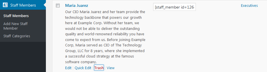 Screenshot of selecting the Trash link on a Staff Member