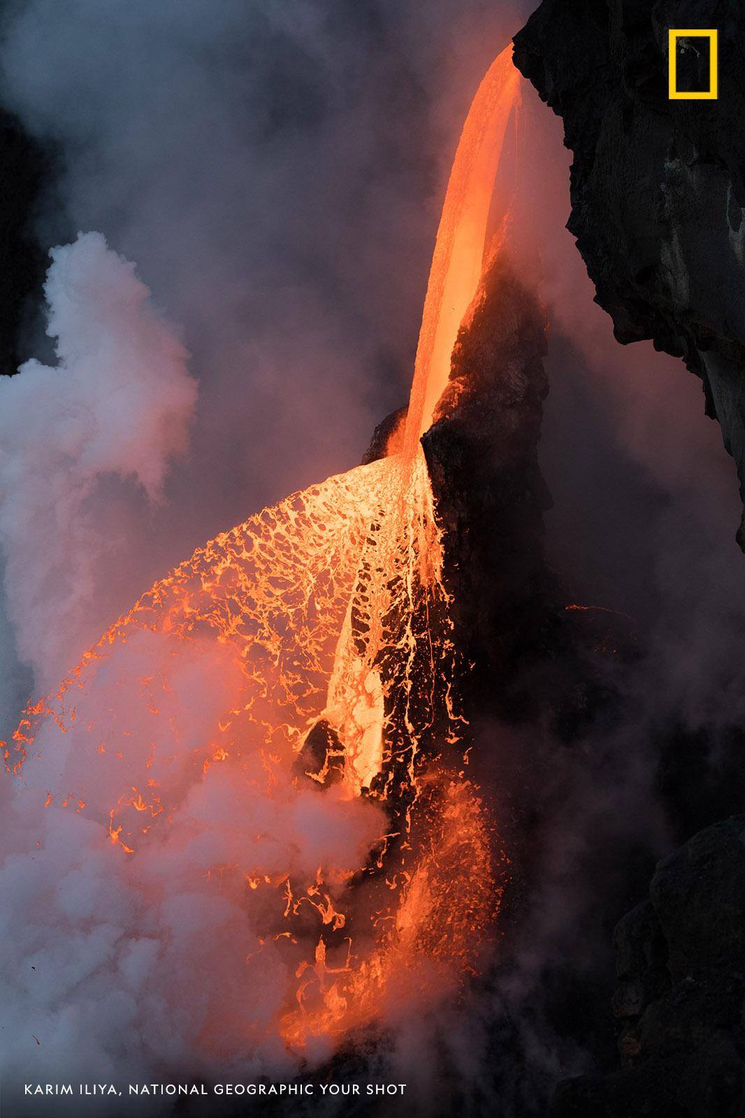 Shortly before twilight in Kalapana, Hawai’i, a fragment of the cooled lava tube broke away, leaving the molten rock to fan in a fiery spray for less than half an hour before returning to a steady flow. This photo won first place in the landscapes category in the 2017 National Geographic Nature Photographer of the Year Contest. Show us the world around you this year: https://on.natgeo.com/2J4e2wH
