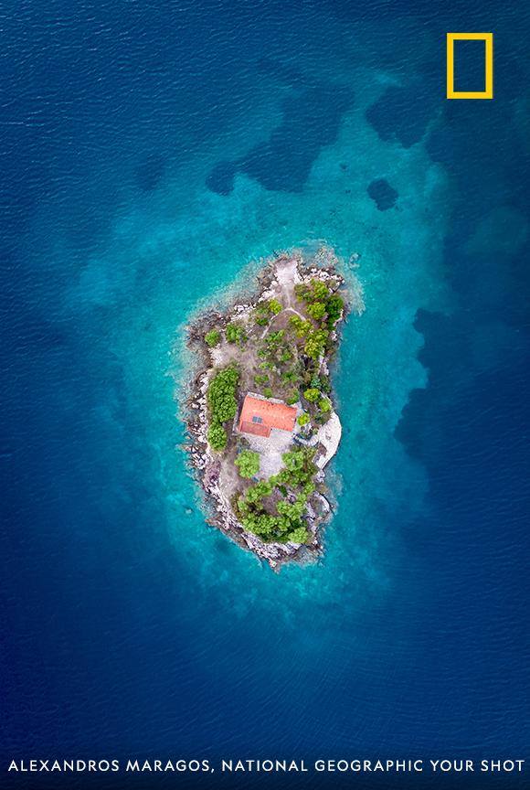 Saint Nicholas Island is uninhabited and located at the Gulf of Corinth in Central Greece. In this aerial view from photographer Alexandros Maragos, you can see the only structure on the island—a small temple dedicated to Saint Nicholas. https://on.natgeo.com/2DWueAA